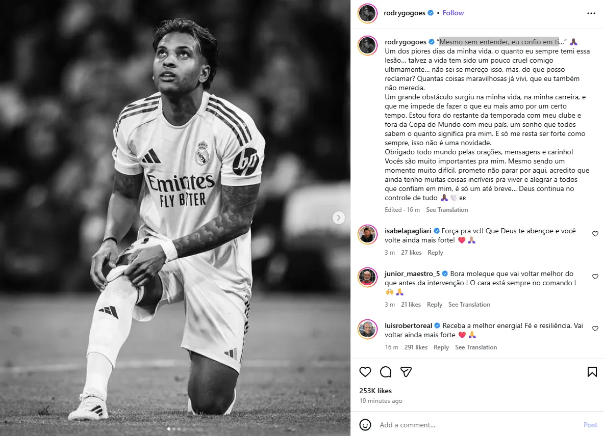 赛季报销+无缘世界杯，罗德里戈：这不是告别，只是暂时离开